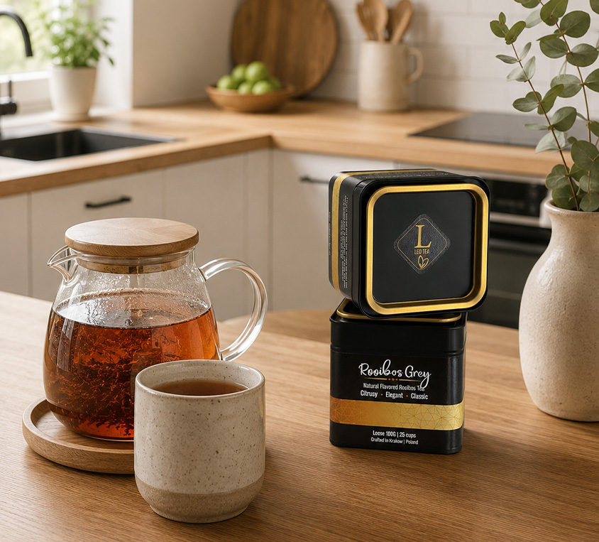 Rooibos Earl Grey Leo Tea w eleganckiej puszce